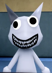 The patient has two mismatched eyes with a creepy smile.