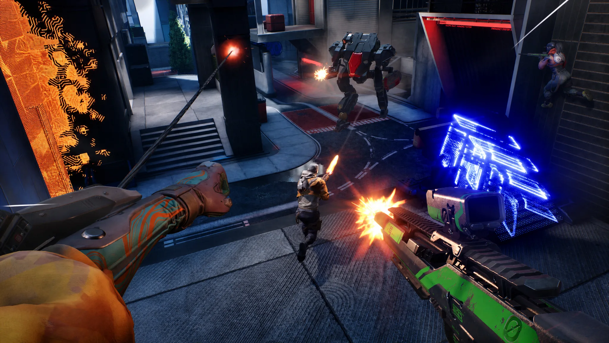 Empulse - A player fires out a grappling hook as a mech approaches through city streets