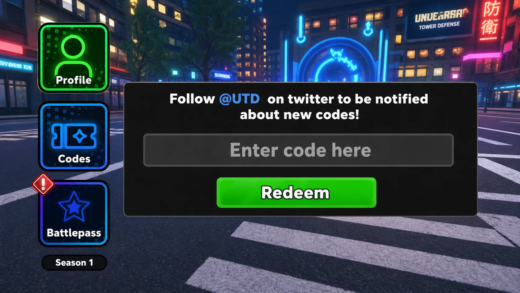 Universal Tower Defense codes: An image of the code redemption box in Universal Tower Defense