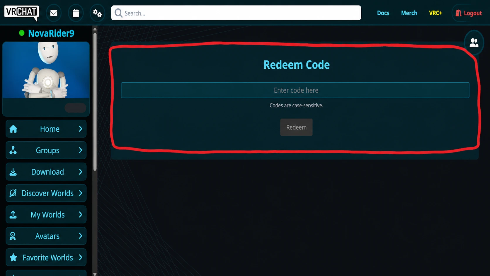 The Redeem Code Menu in VR Chat