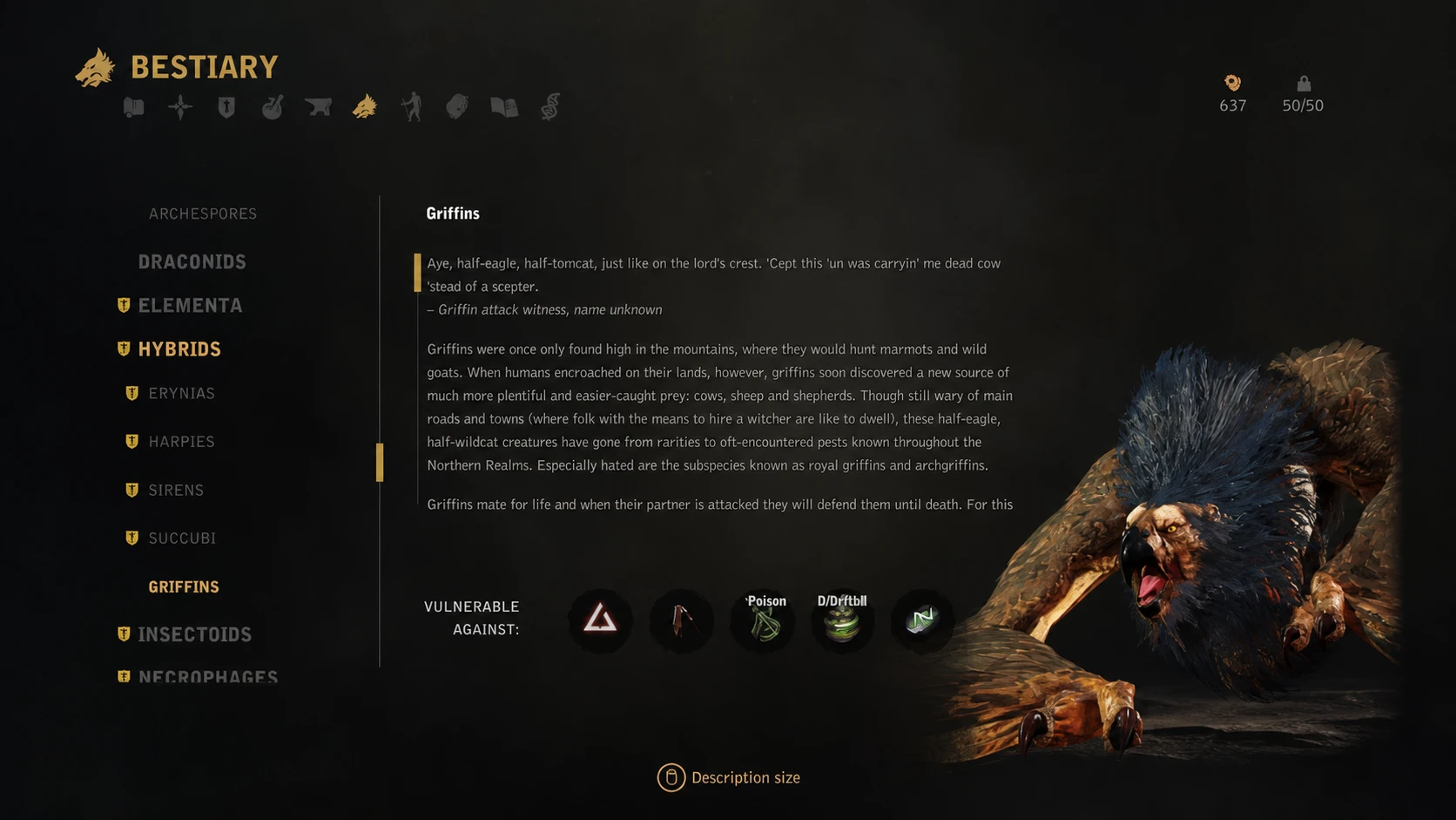 An animated Griffin in The Witcher 3's Vladimir UI mod bestiary