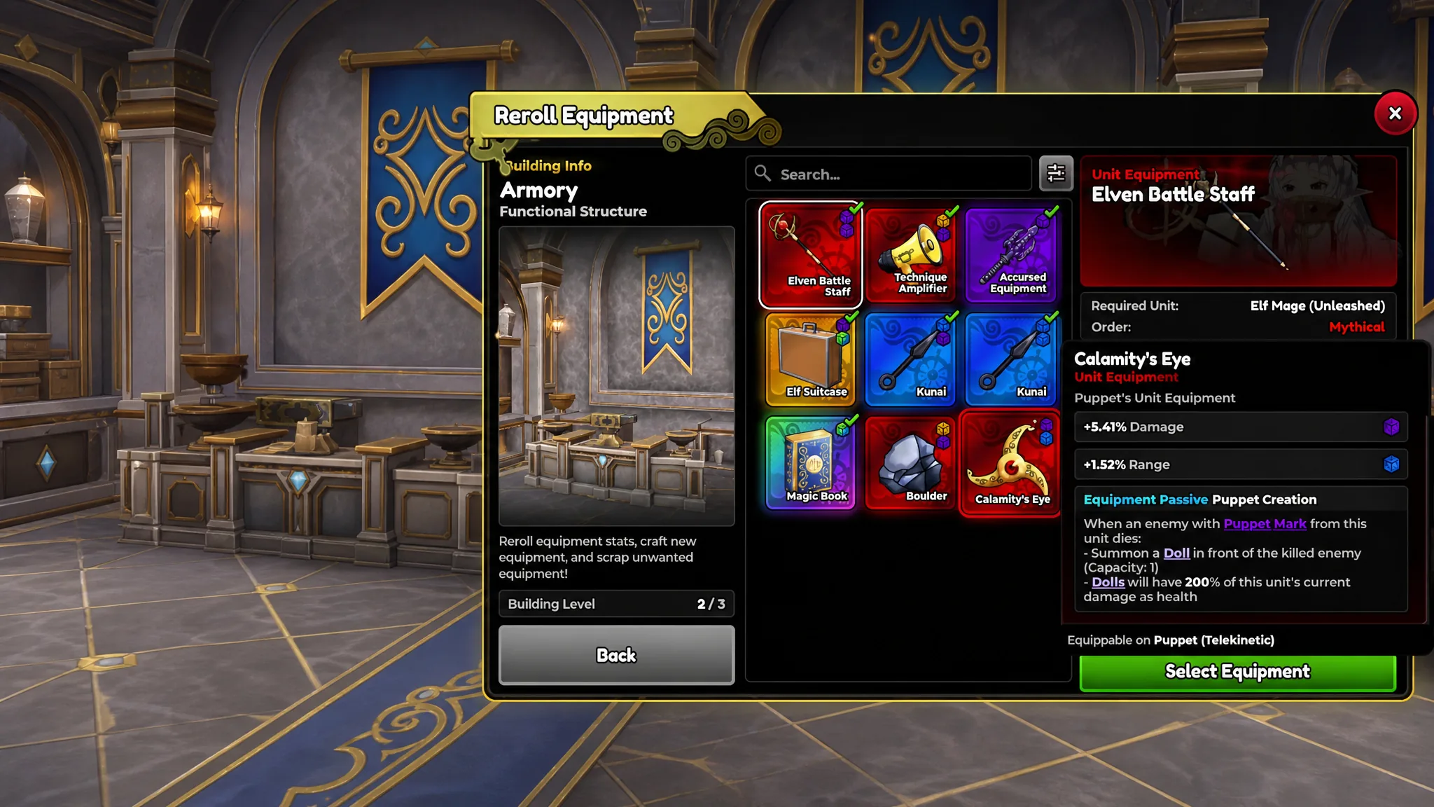 Rerolling equipment at the Armory in Anime Expeditions