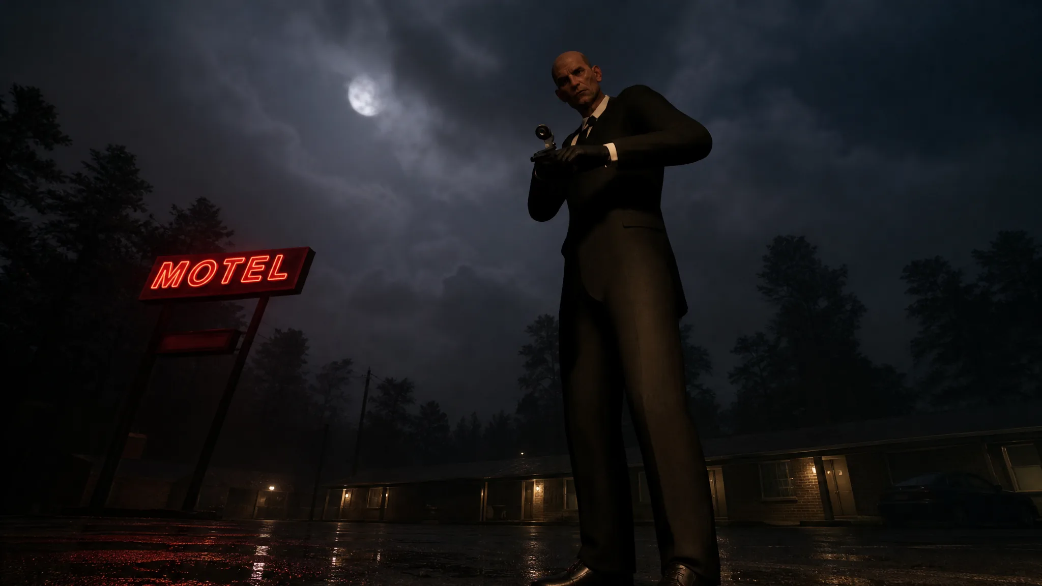 Lucas looking down at Simon in Motel parking lot, shooting his pistol