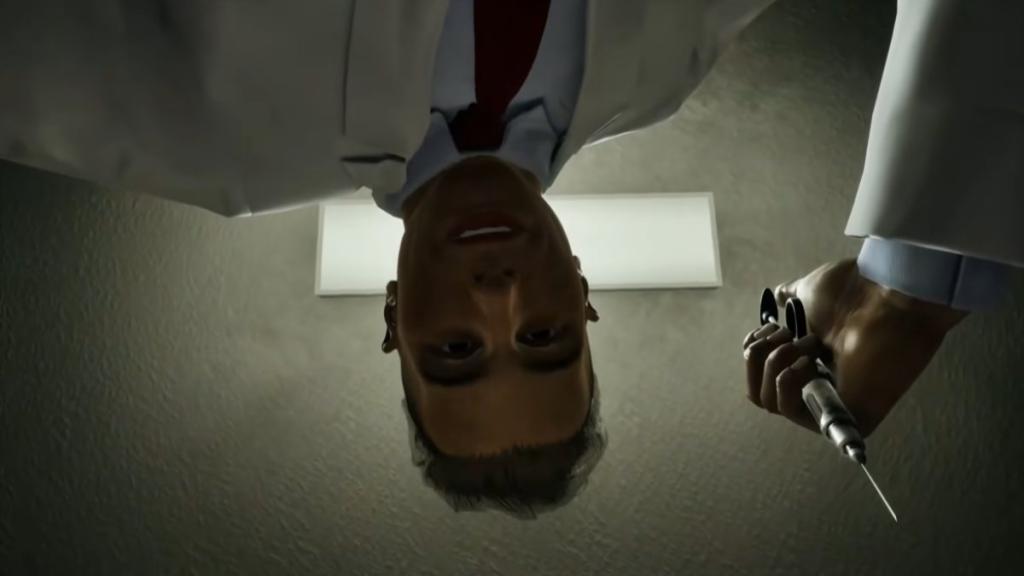 Upside down shot of Tanner looking down at Simon as he injects him