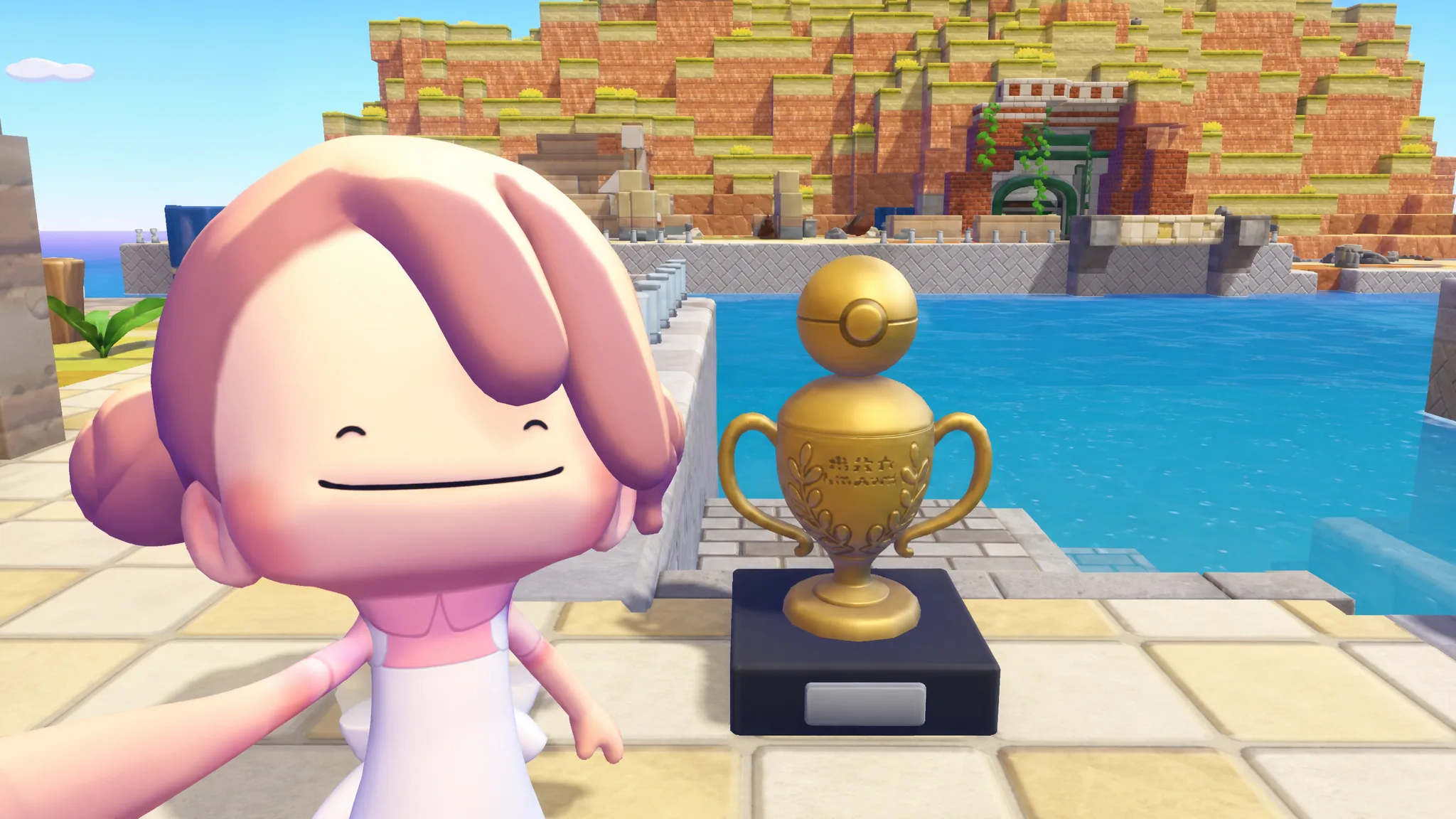 Ditto taking picture with hide-and-sneak trophy in pokopia