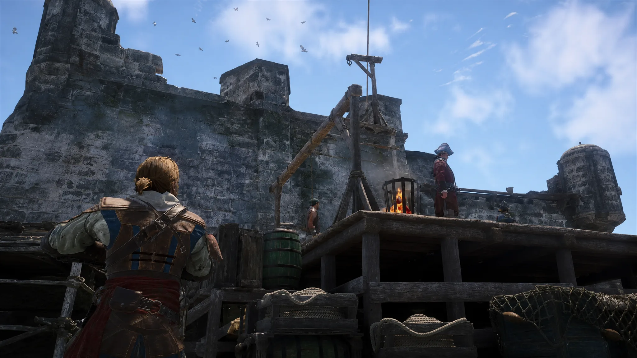 Edward shooting the rope to save a pirate from hanging in Nassau