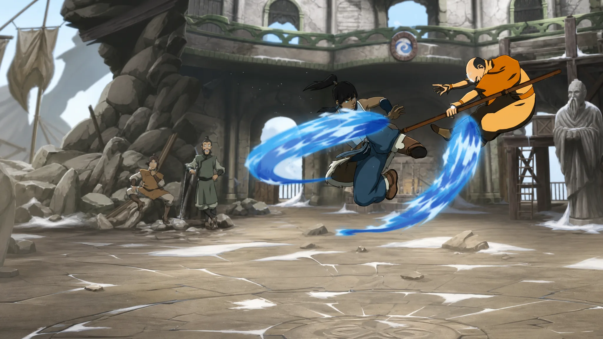 Korra carries an opponent across the screen in Avatar Legends: The Fighting Game
