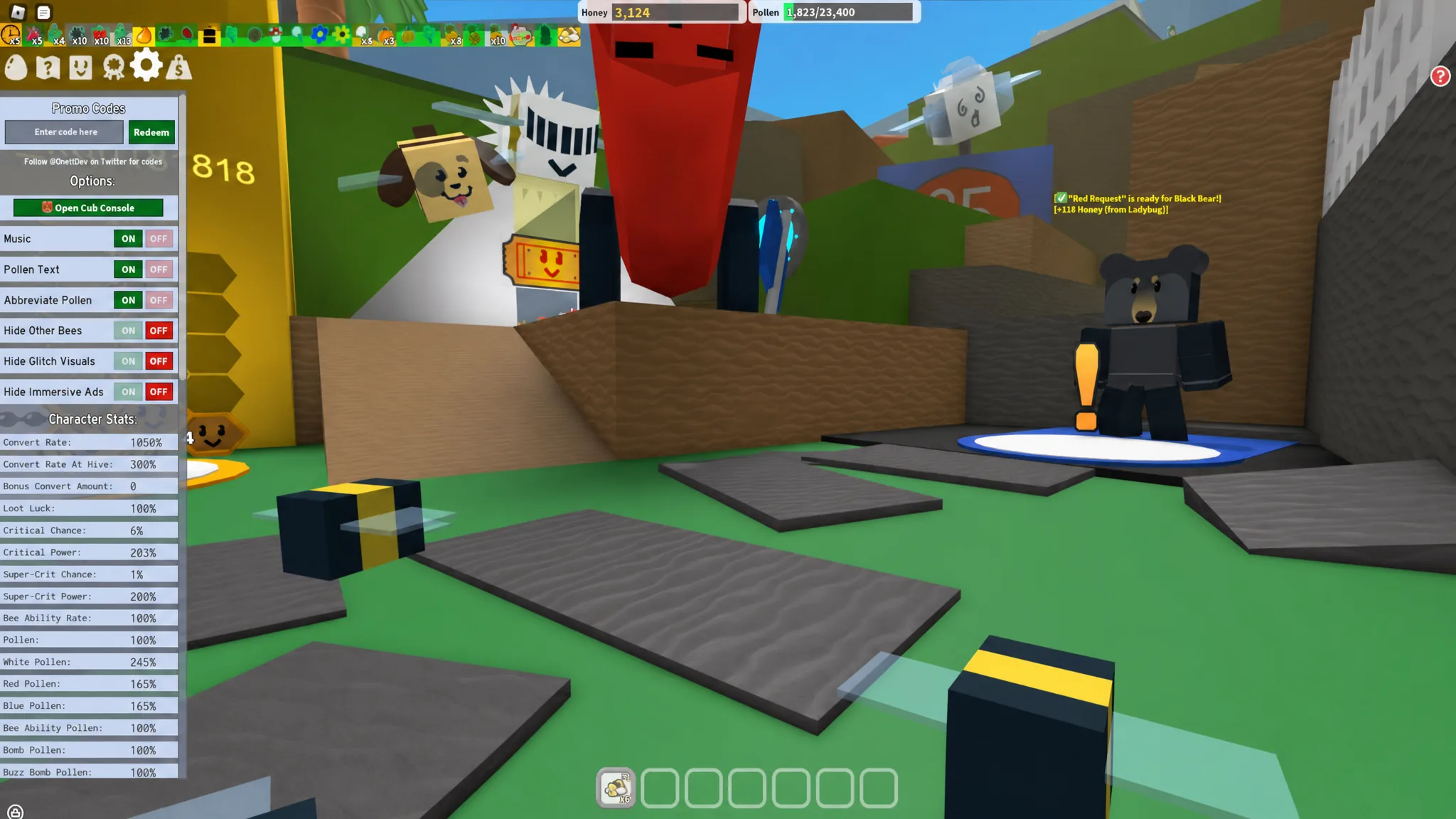 The Bee Swarm Simulator codes can be redeemed in this options menu to the left of the screen, accessed by clicking the cog