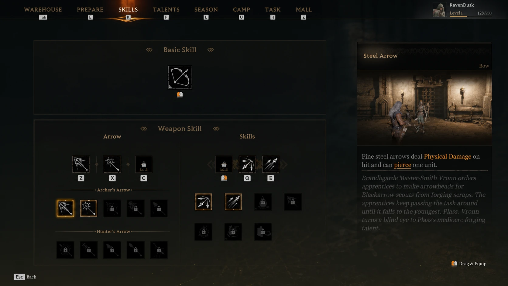 Skills for the Blackarrow class in Mistfall Hunter