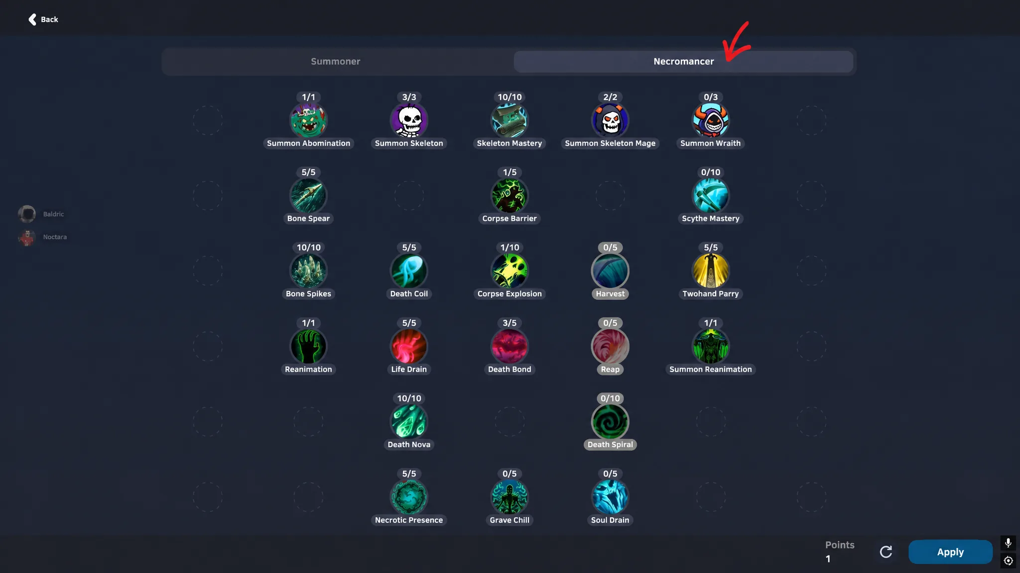 SpiritVale Necromancer skill tree layout