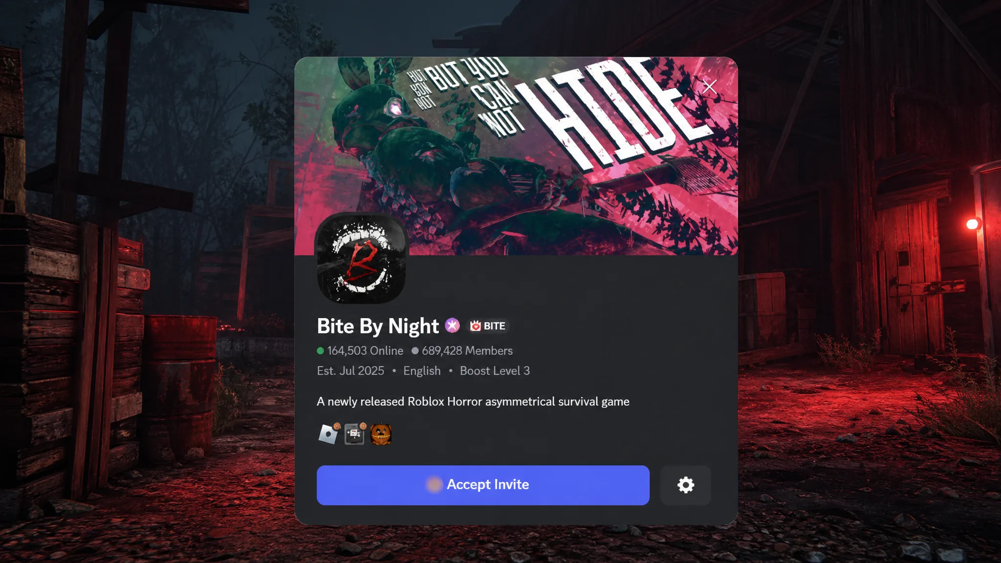 Bite by Night codes: A screenshot of the Discord server invite with a PT logo in the top right corner