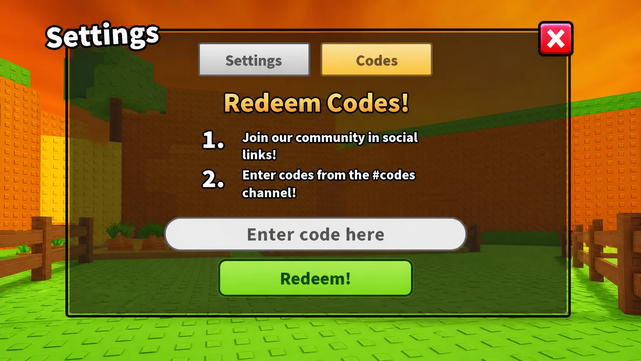 Build a Farm Factory codes: An image of the code redemption box