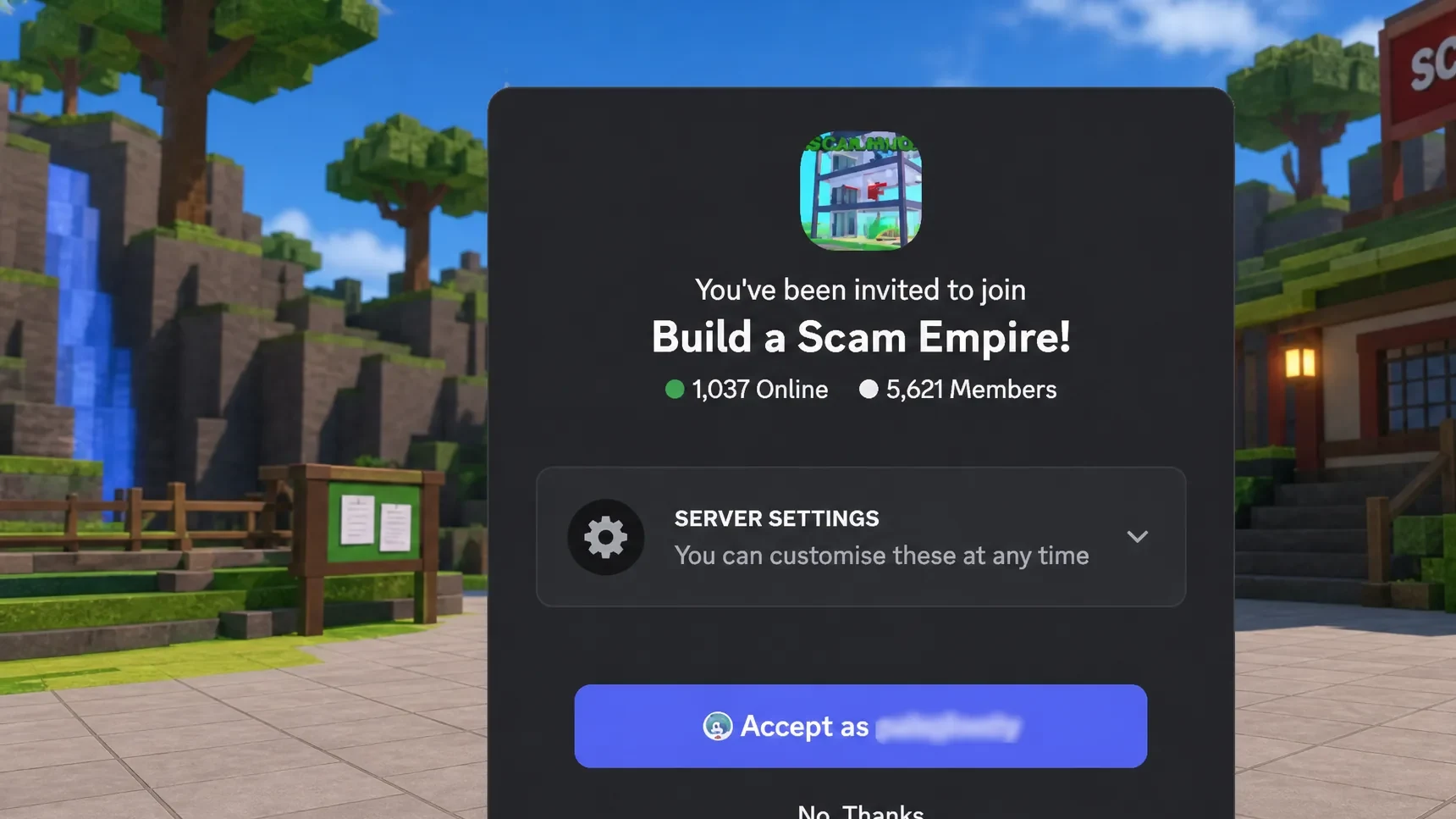 Build a Scam Empire Discord server invite screen