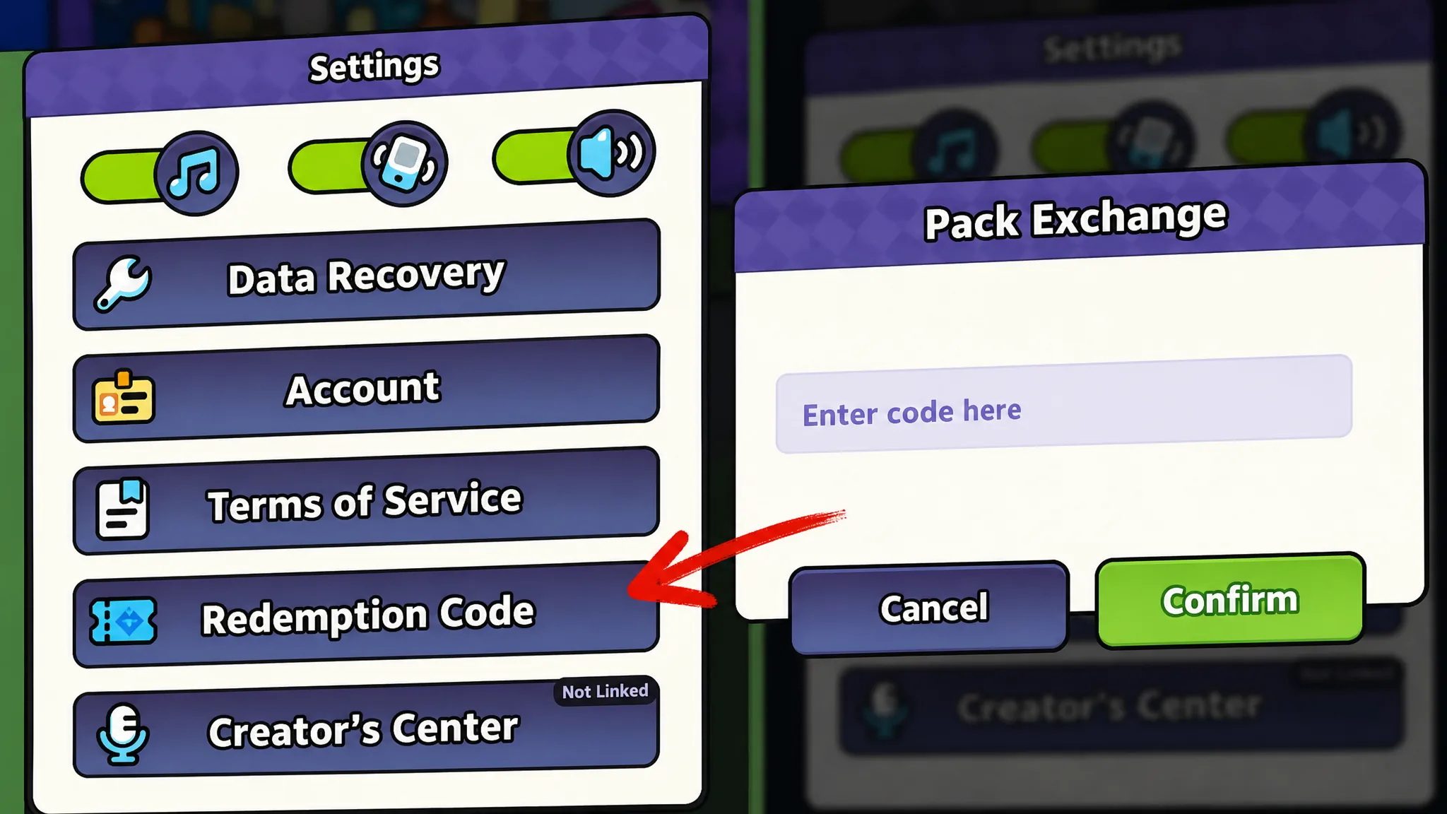 Clash of Critters code redemption screen and how to get there from the settings