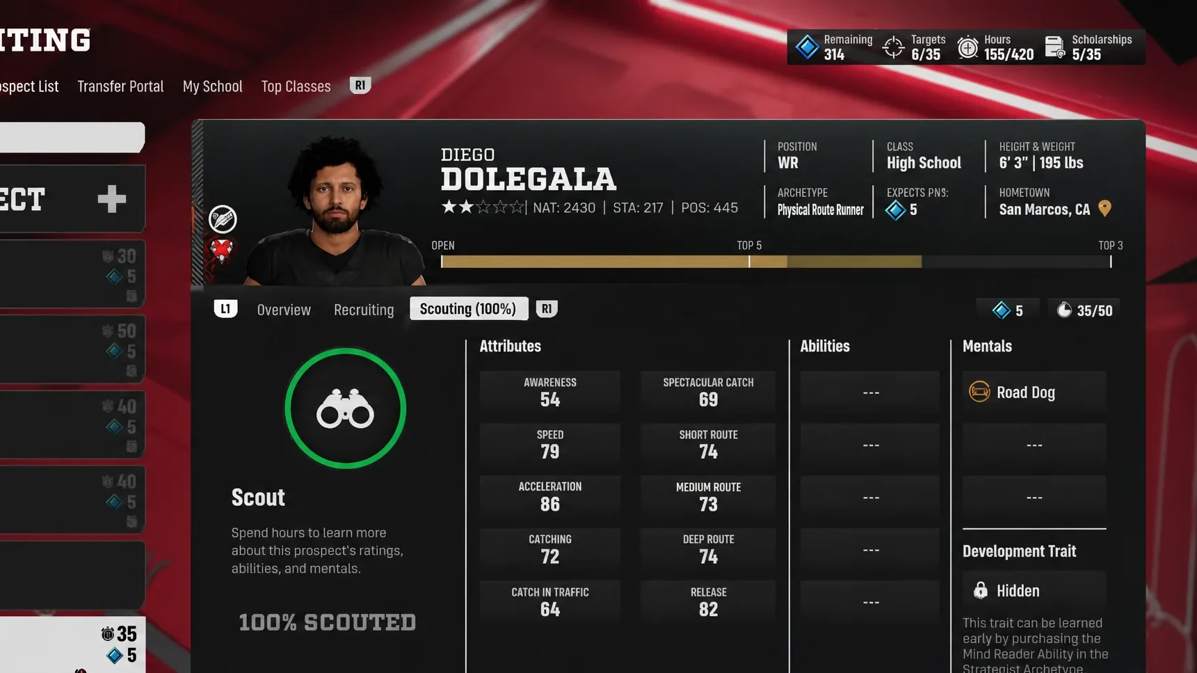 Scouting an athlete in CFB 27