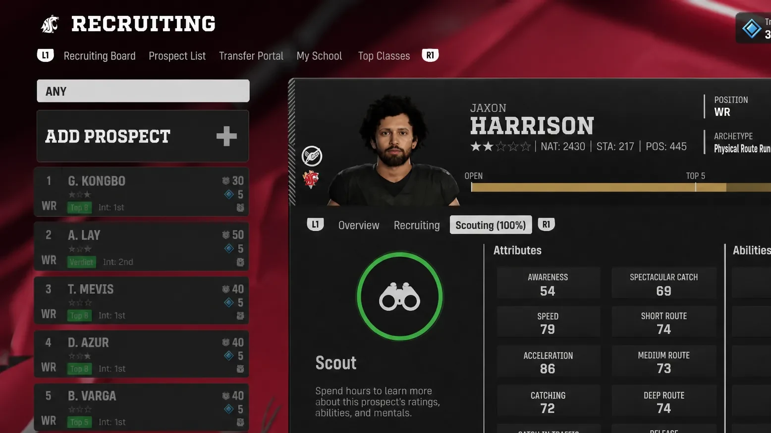 Scouting an athlete in CFB 27