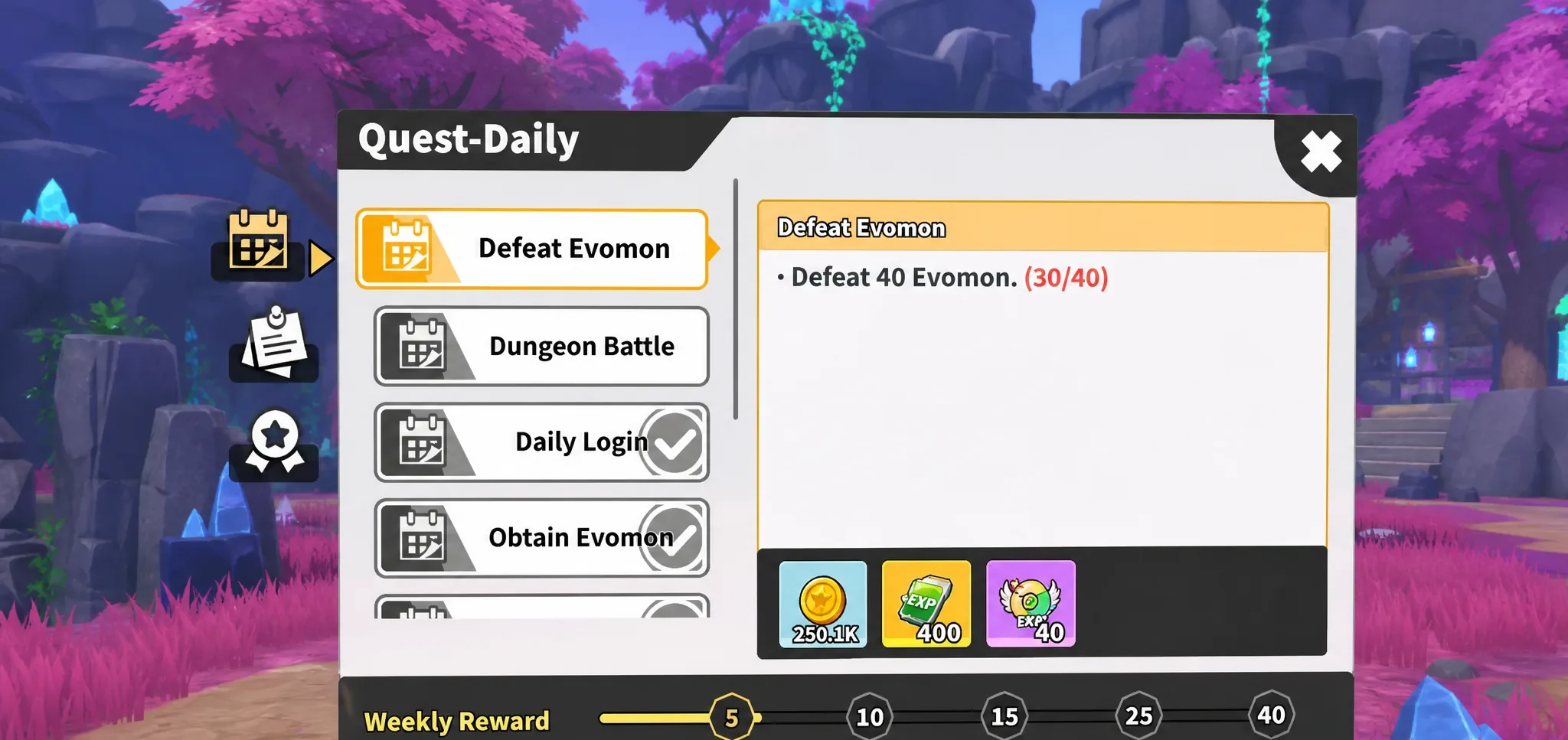 Daily Quest rewarding Coins and EXP in Evomon