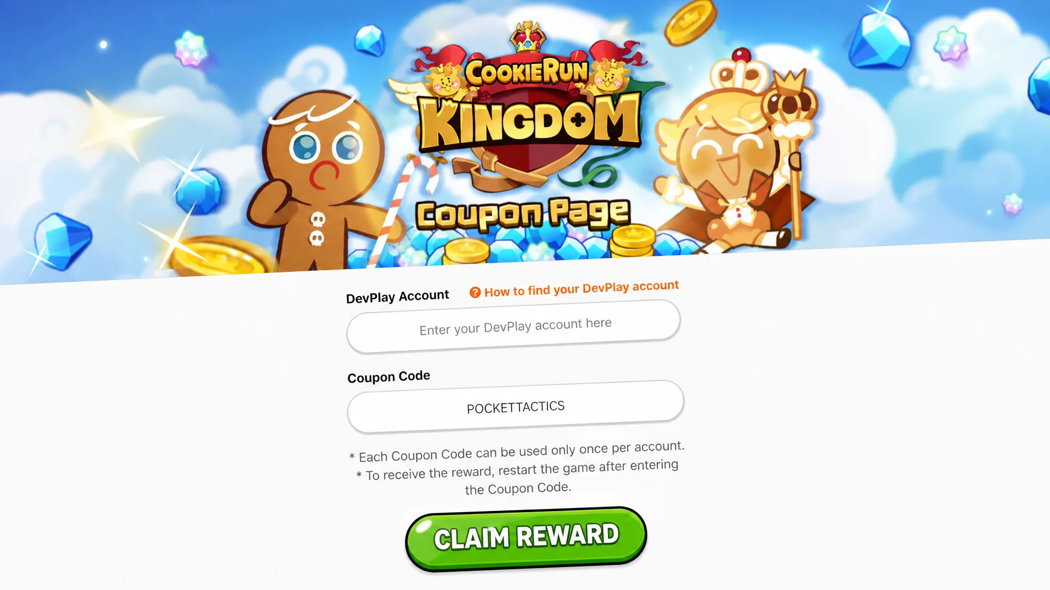 Cookie Run Kingdom redeem code screen with POCKETTACTICS written in the code box