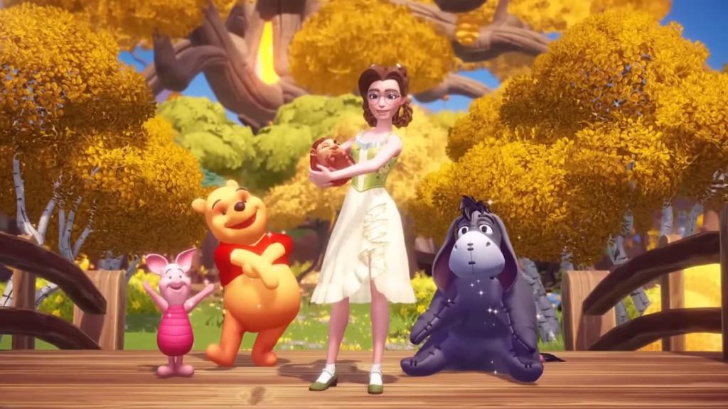 Player standing in honeyglow woods with Pooh, Piglet, and Eeyore in disney dreamlight valley