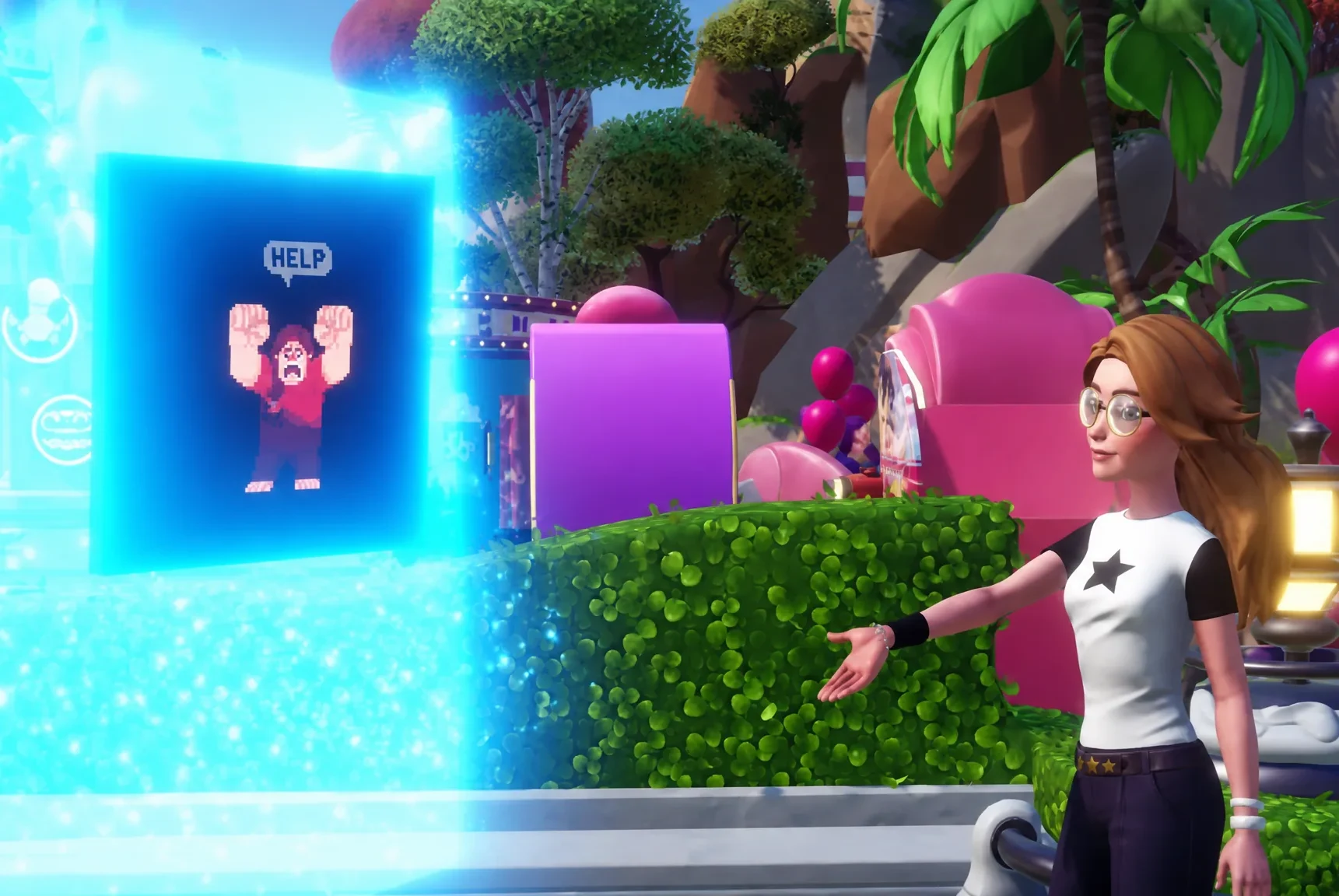 Player interacting with ghost game machine with Ralph inside in Disney Dreamlight Valley