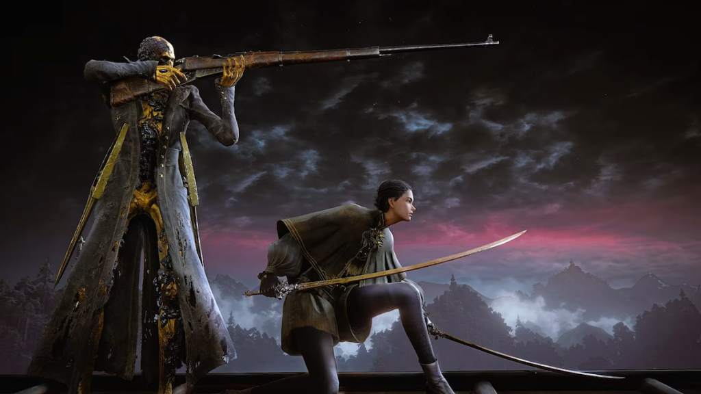 Duskbloods man with gun and girl with dual swords