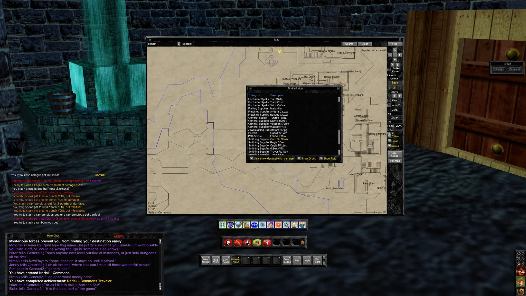 EverQuest Legends Find command drawing a navigation line to an NPC