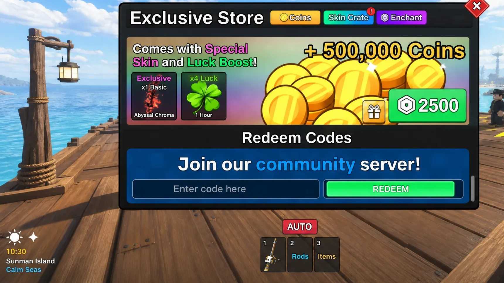 Fish It code entry box shown at the bottom of the in-game Shop panel