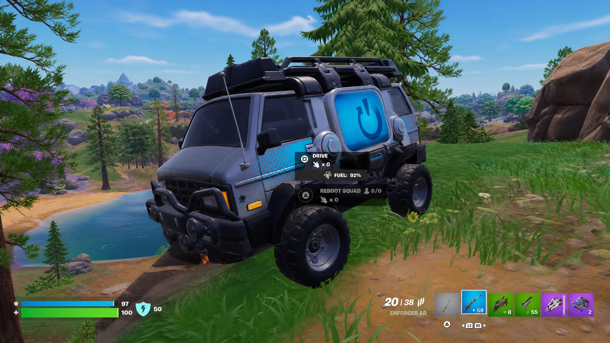 Fortnite player near a Driveable Reboot Van