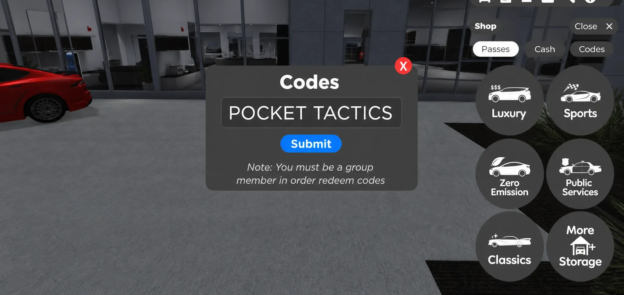 Greenville codes redemption box open in the in-game shop menu