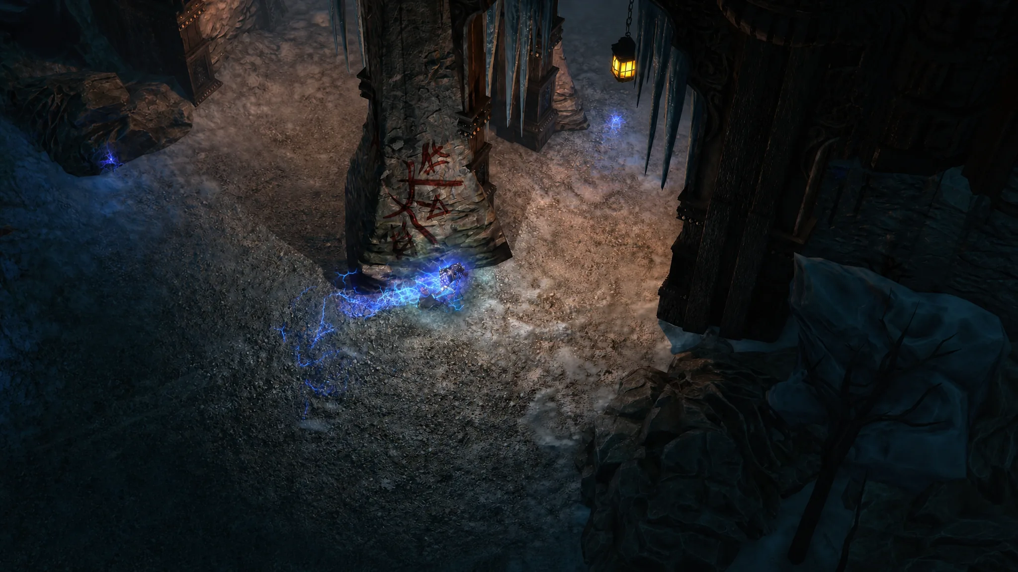 Snowy mountain path leading up toward the Aurora Peaks in Grim Dawn