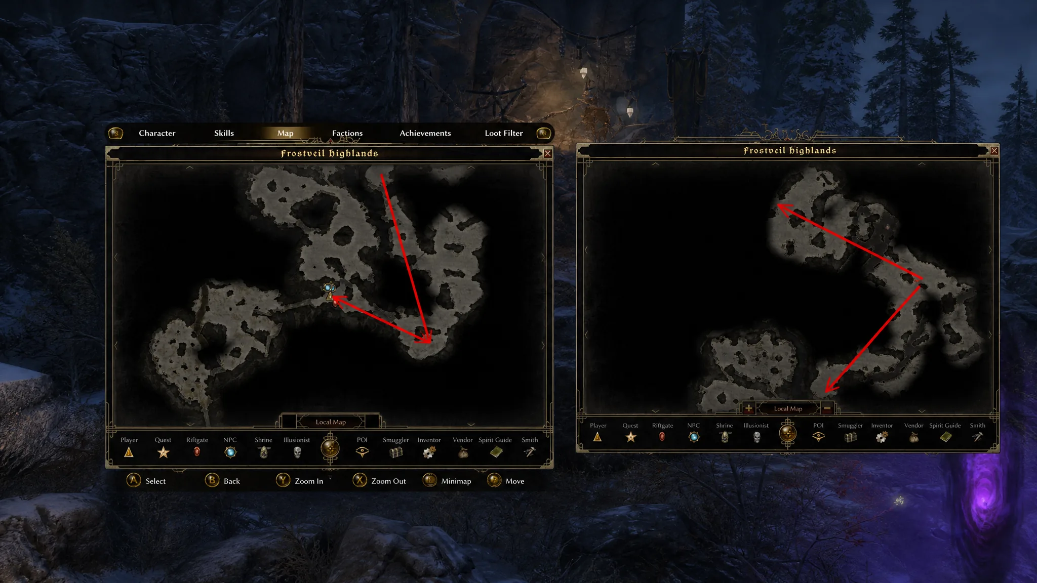 Map route through the Frostveil Highlands leading from the first side quest to the boss in Grim Dawn: Fangs of Asterkarn