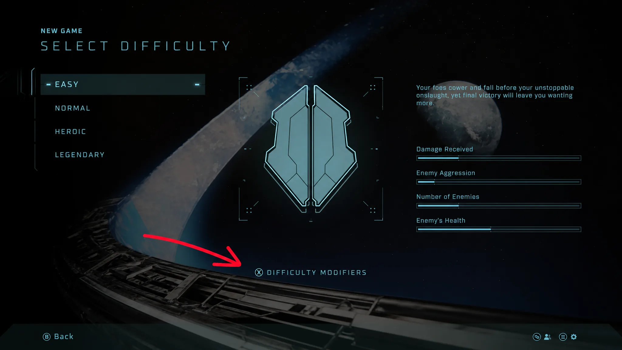 Difficulty Modifiers option in the Halo: Campaign Evolved menu