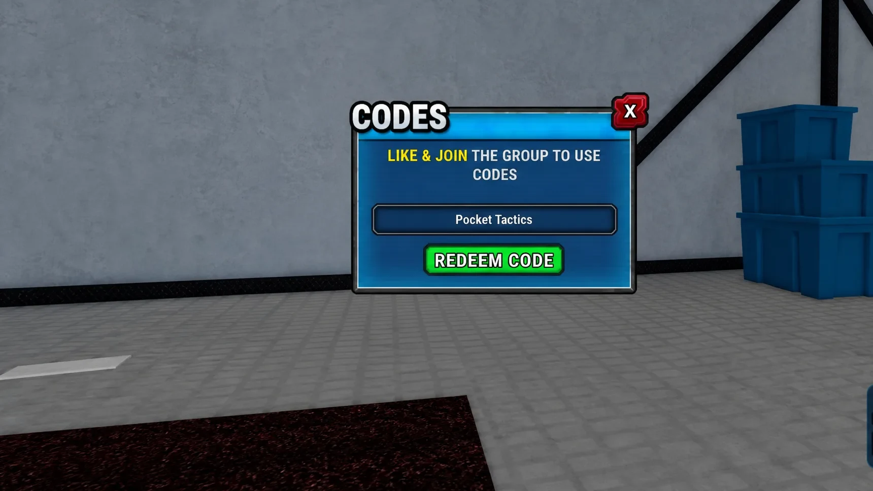 Invincible Showdown codes: a code redemption screen in front of a wall and some boxes