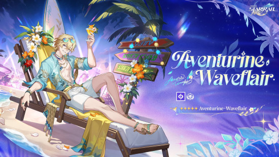 Honkai Star Rail Aventurine Waveflair's drip marketing image showing him lounging on a beach