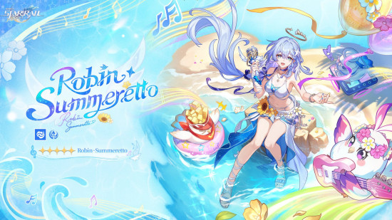Honkai Star Rail Robin Summeretto's drip marketing showing her in a bikini by the beach