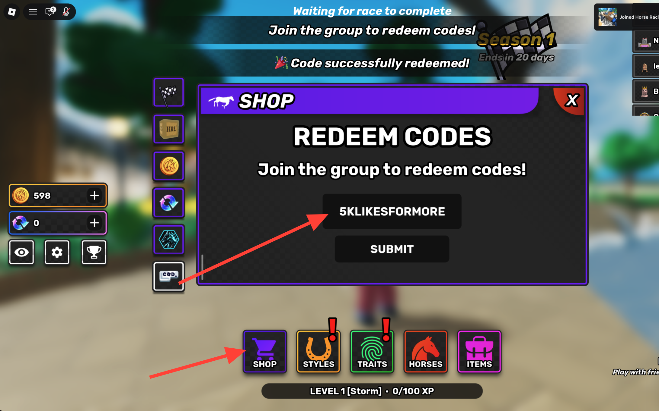 Redeeming a code in the Horse Racing Legends shop menu on Roblox