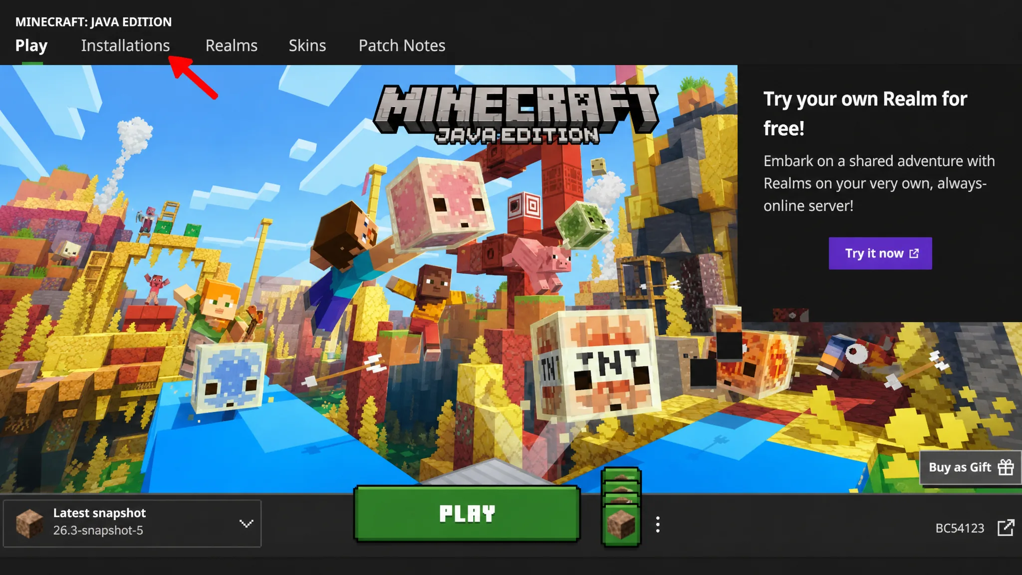 Open Installation tab in Minecraft launcher