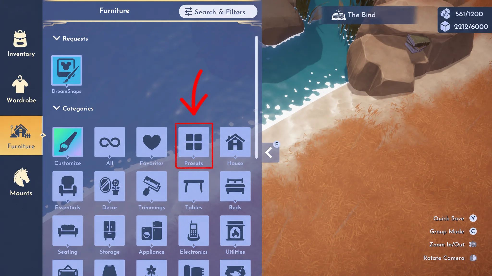 Preset tab marked in disney dreamlight valley