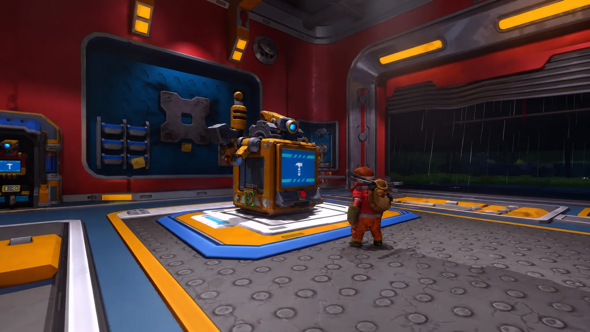Schematicbot kiosk on the side of the road in Scrap Mechanic
