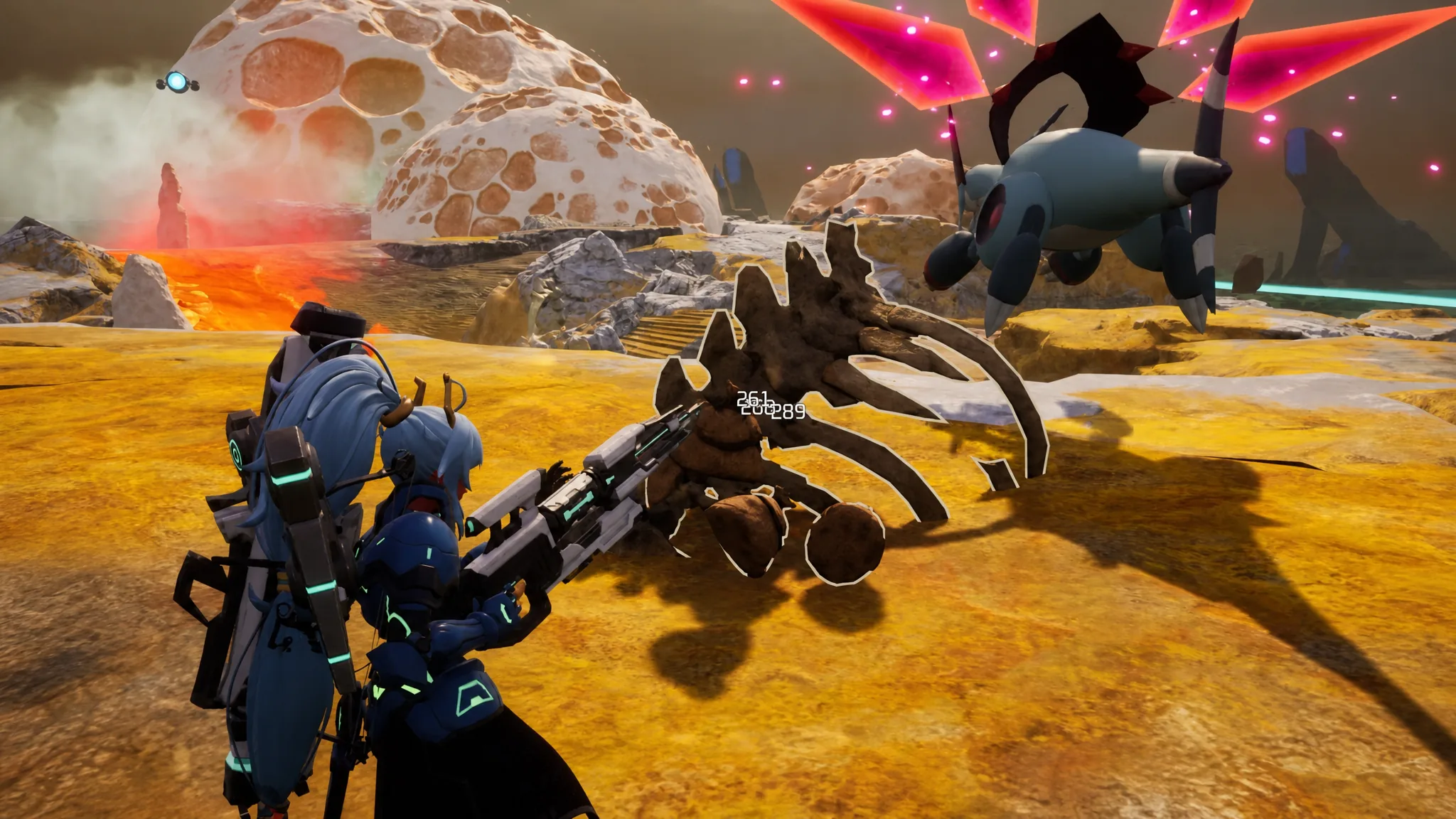 Harvesting an Ancient Bone node on a Sanctuary island in Palworld