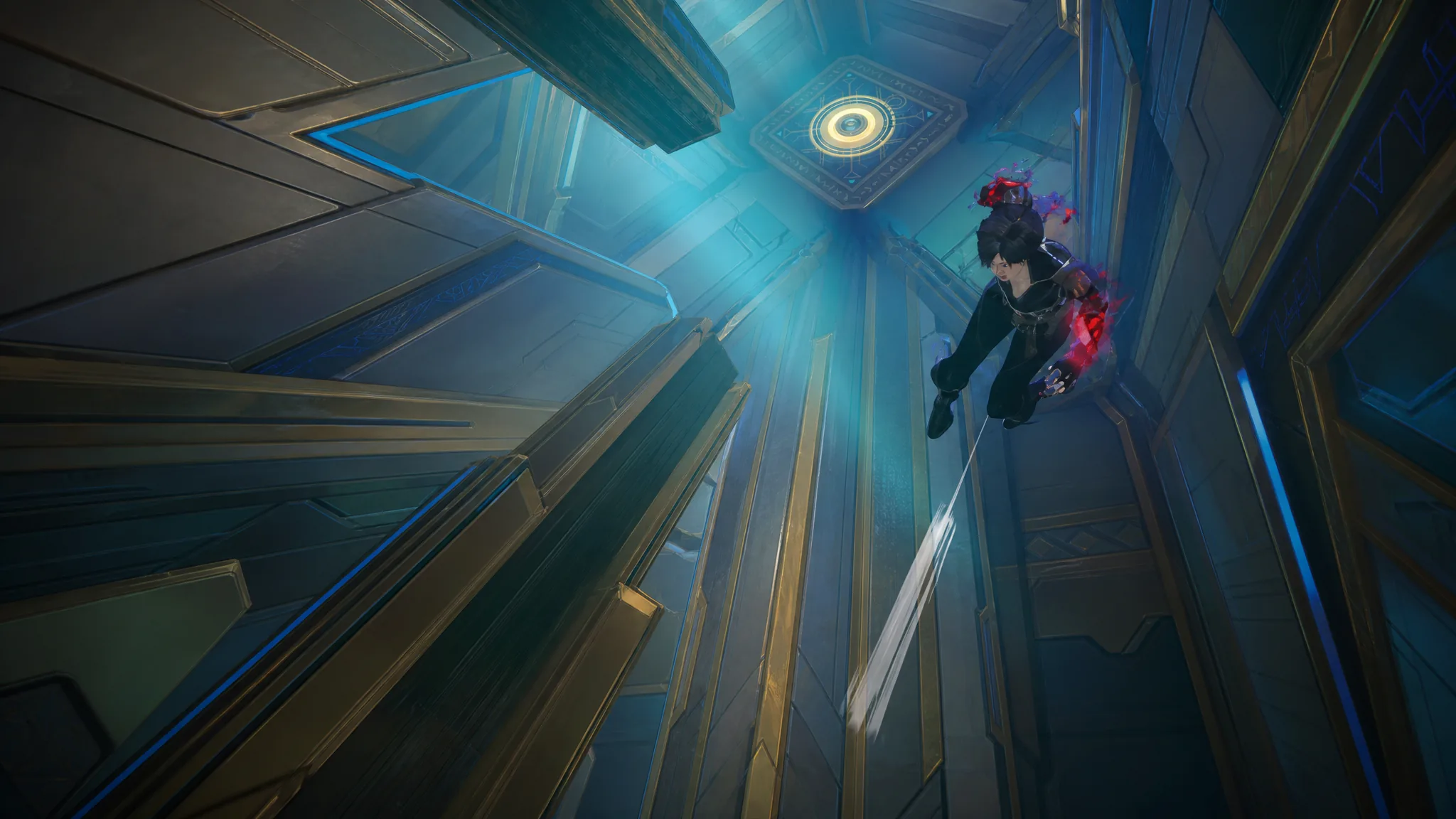 Jubilee being launched by central pyramid elevator in Marvel Rivals