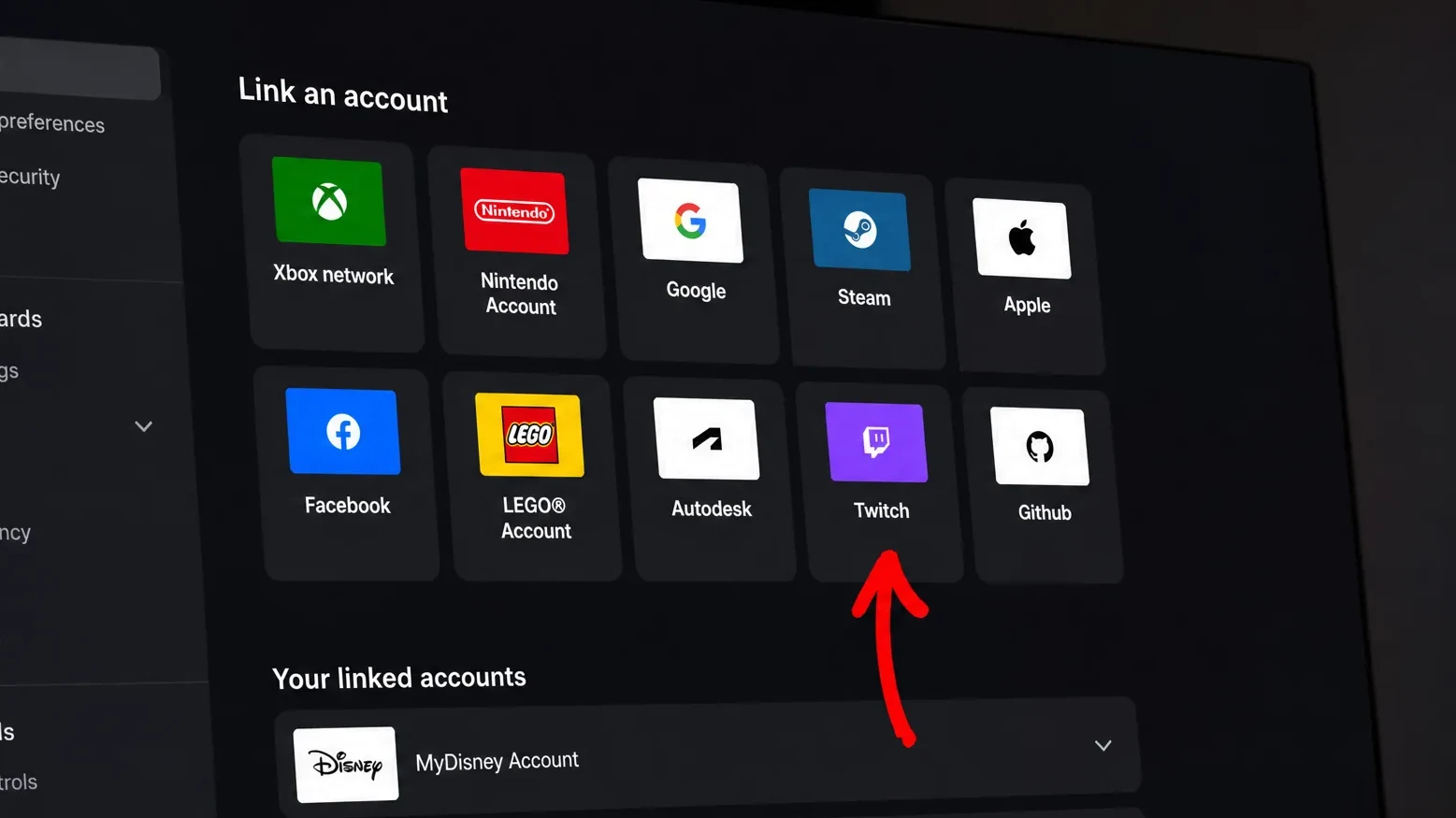 Epic Games Store Linked Accounts section with the Twitch icon marked with a red arrow