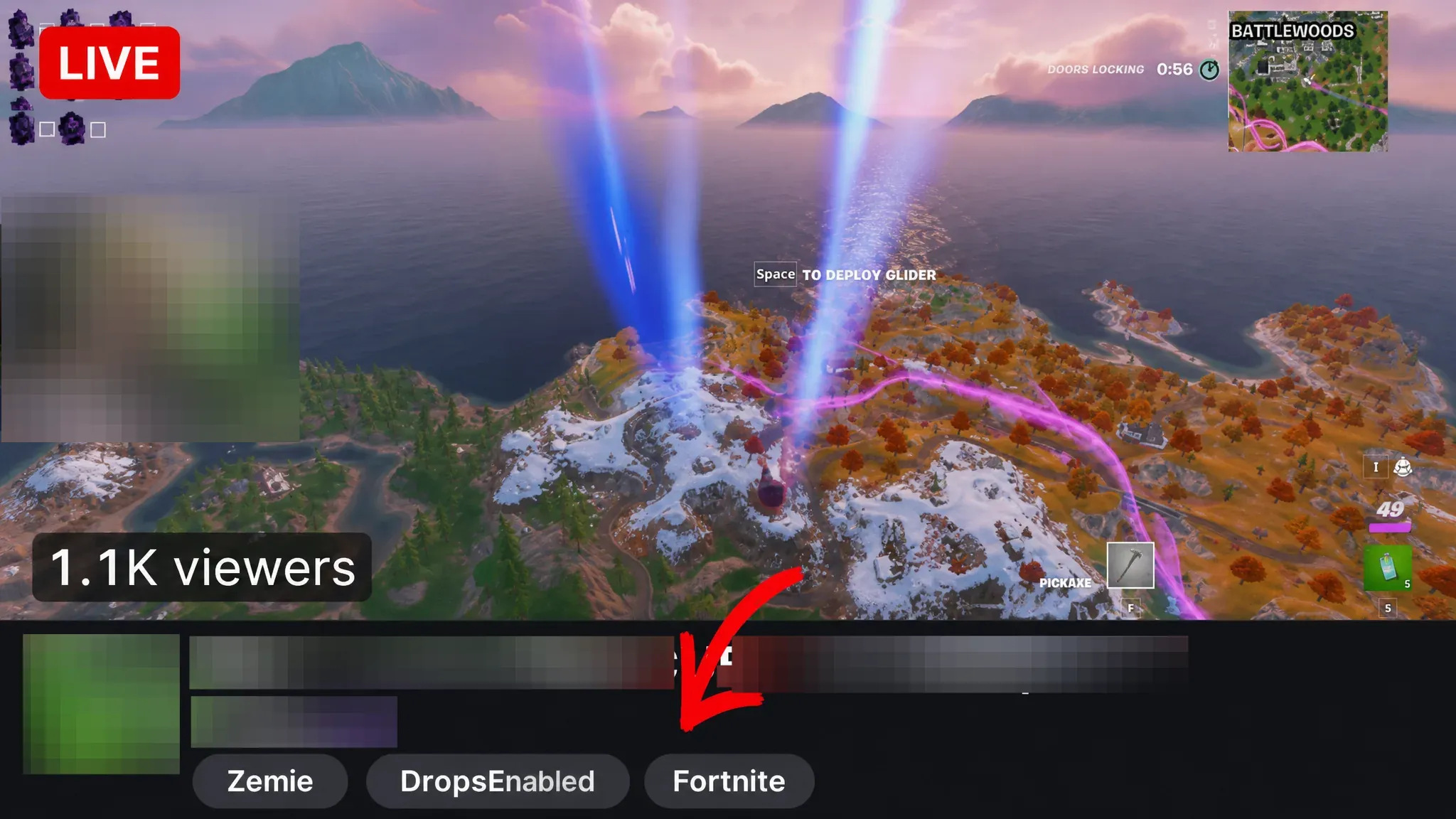 Twitch stream with the Drops Enabled tag marked with a red arrow
