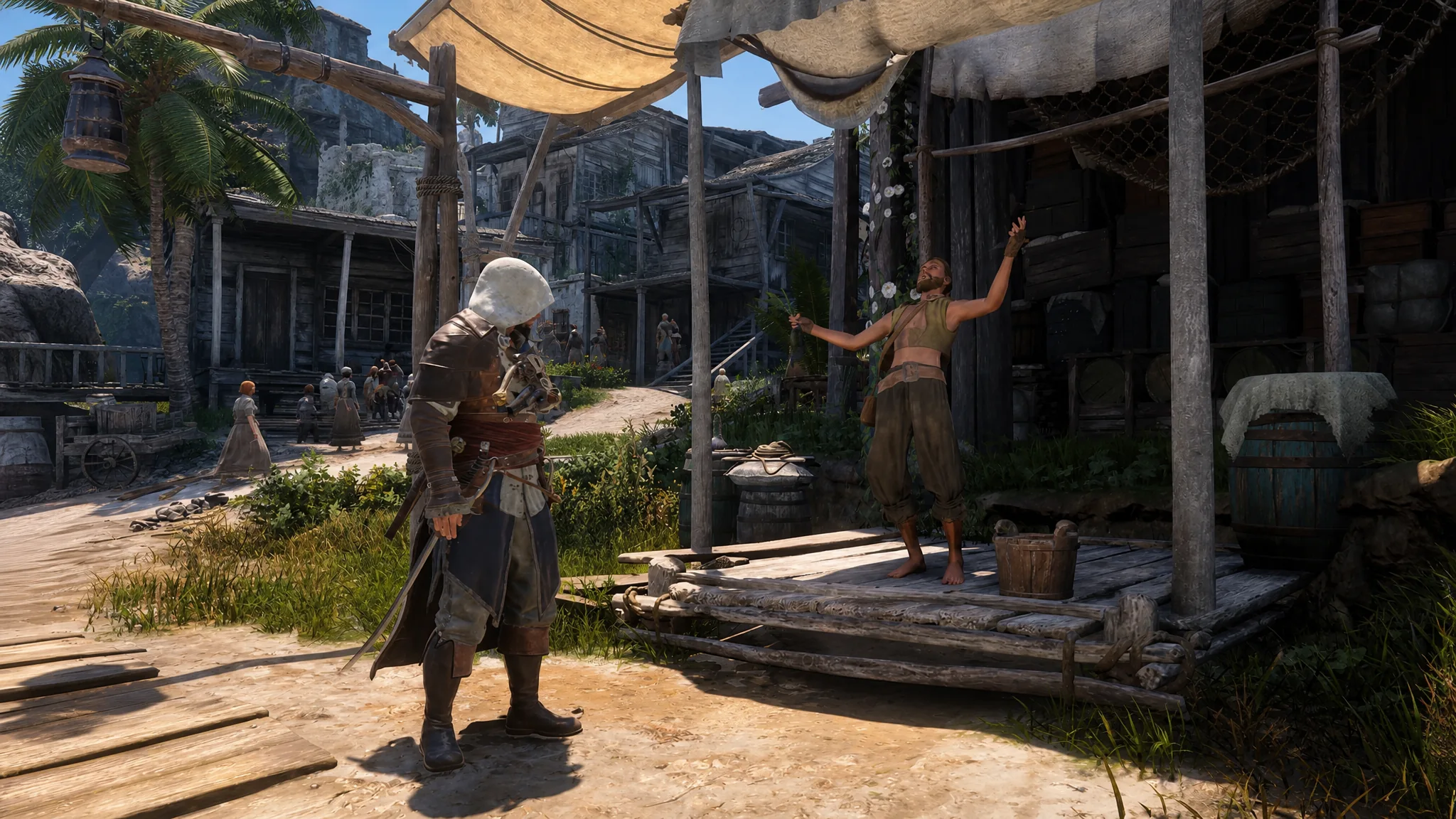 Edward Kenway standing beside the NPC singing Home Across the Sea