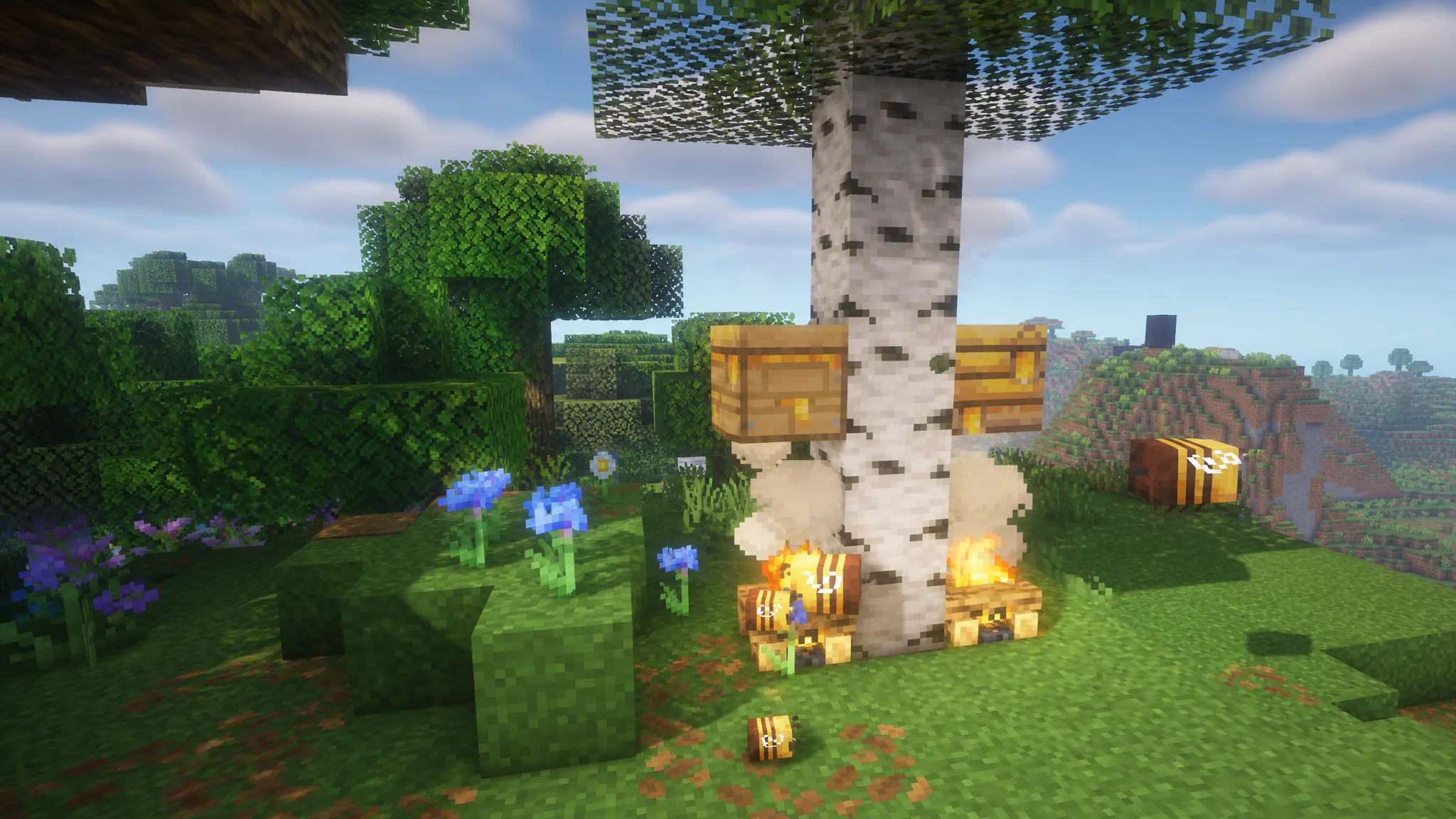 Completely filled beehive and bee nest in Minecraft