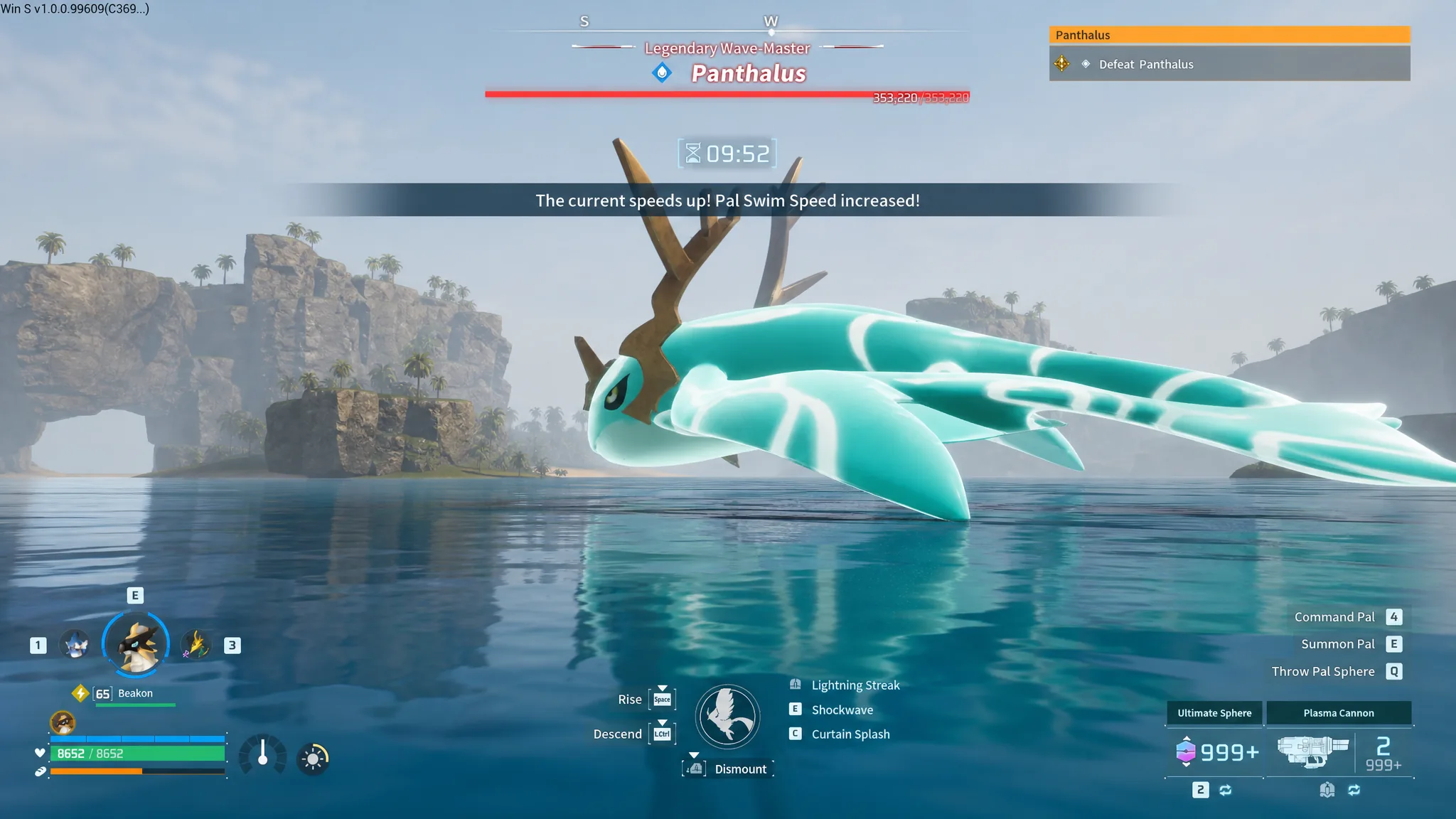 Fighting the giant whale Pal Panthalus after summoning it at the Deserted Islet in Palworld