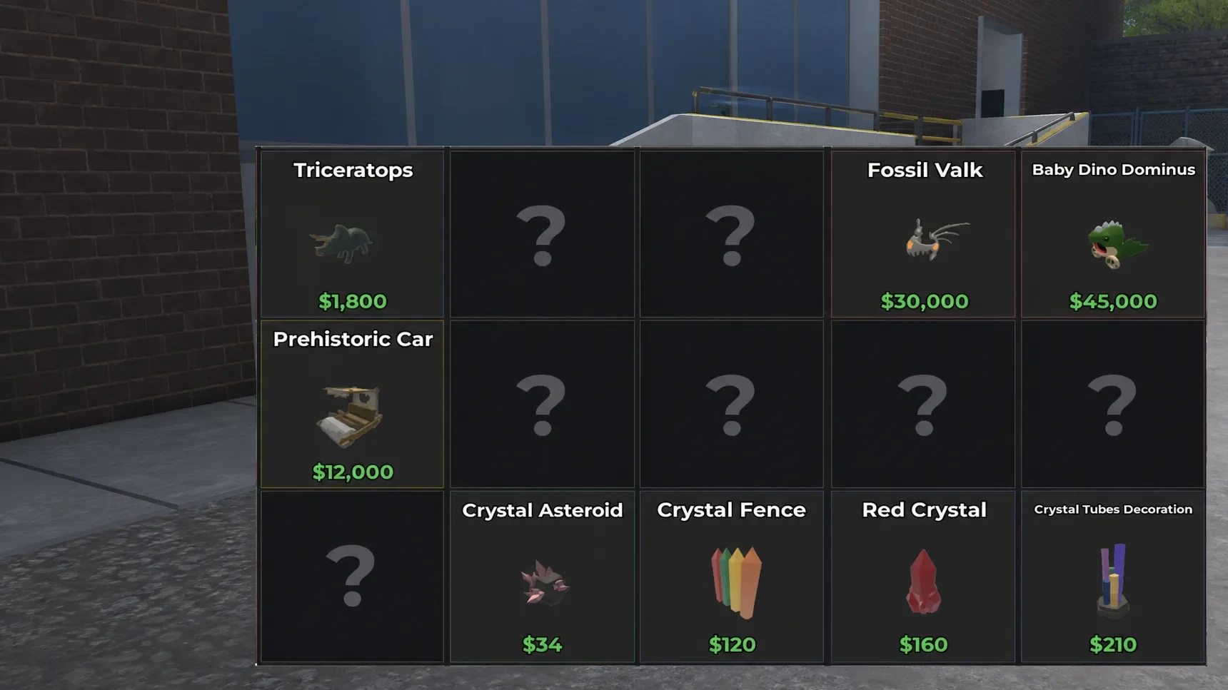 The Jurrassic Items Menu in Storage Hunters