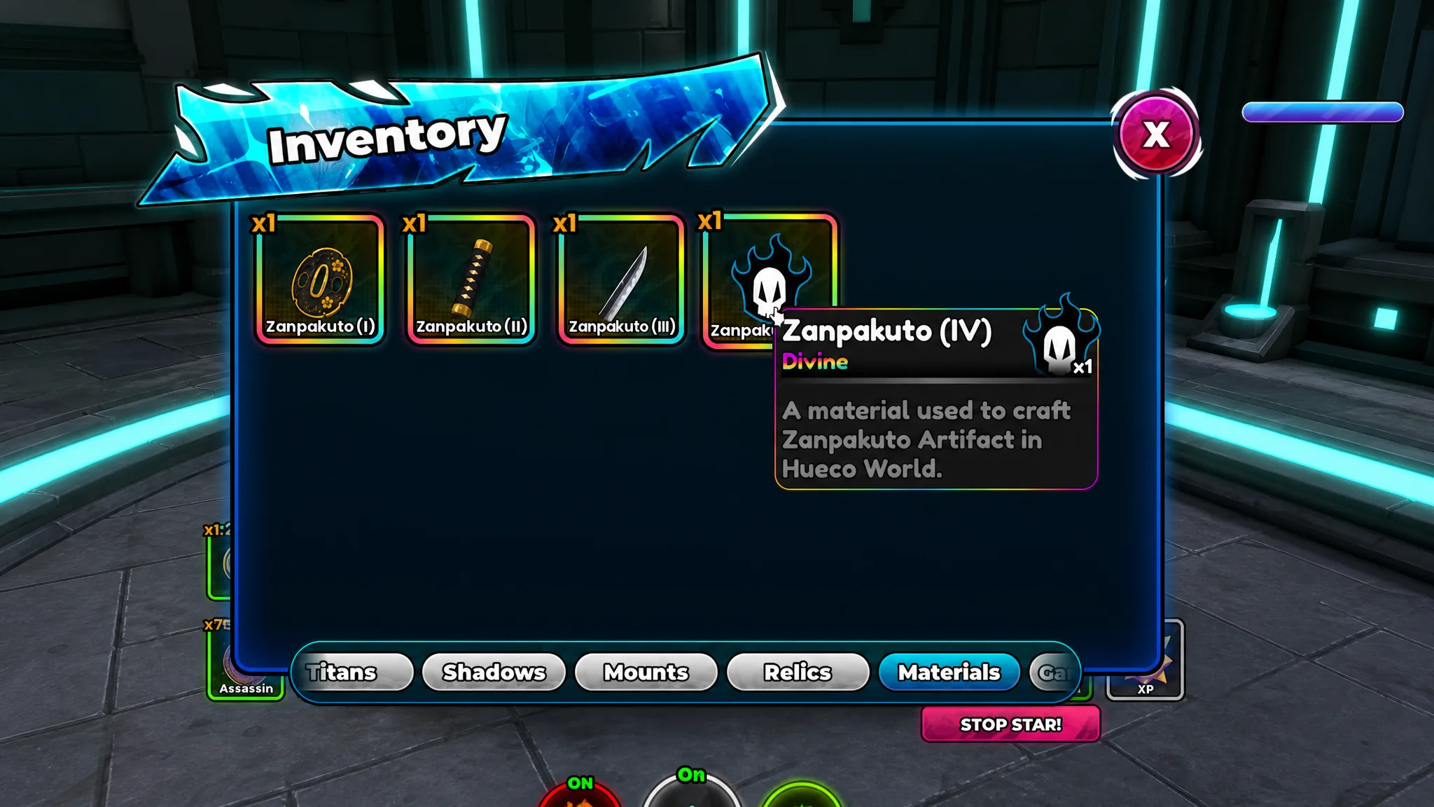All Zanpakuto Fragments displayed in the crafting menu
