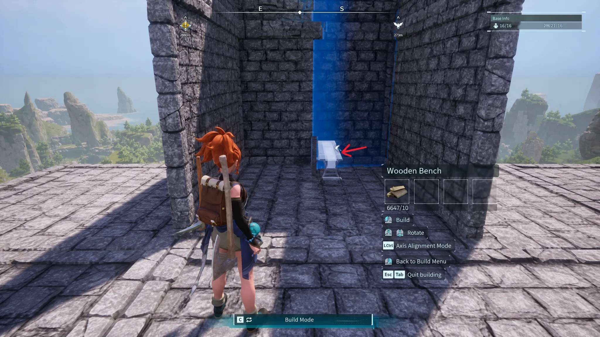 Wooden Bench rotated to snap vertically against a Wall in Palworld build mode