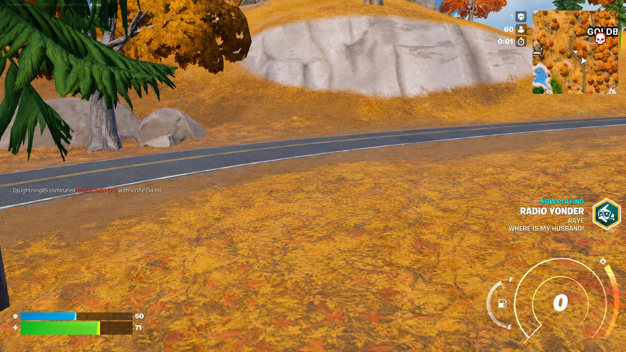 Player in Fortnite car with the radio station highlighted